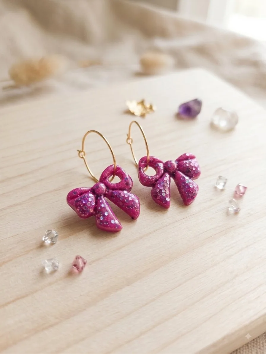 Pampilles petit noeud fushia – vue 2 – Fushia – Pâte polymère