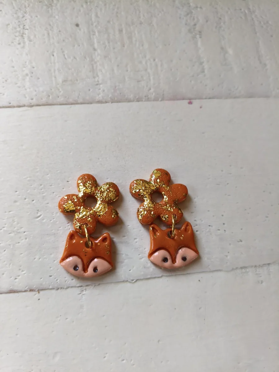 Pampilles duo du renard fleur orangée – vue 2 – Orange doré – Pâte polymère