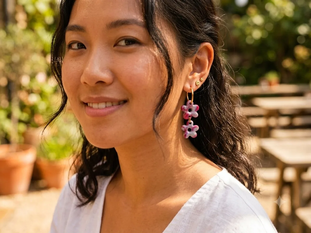 Double eleanore  fushia métallisé  – bijou artisanal fleurs