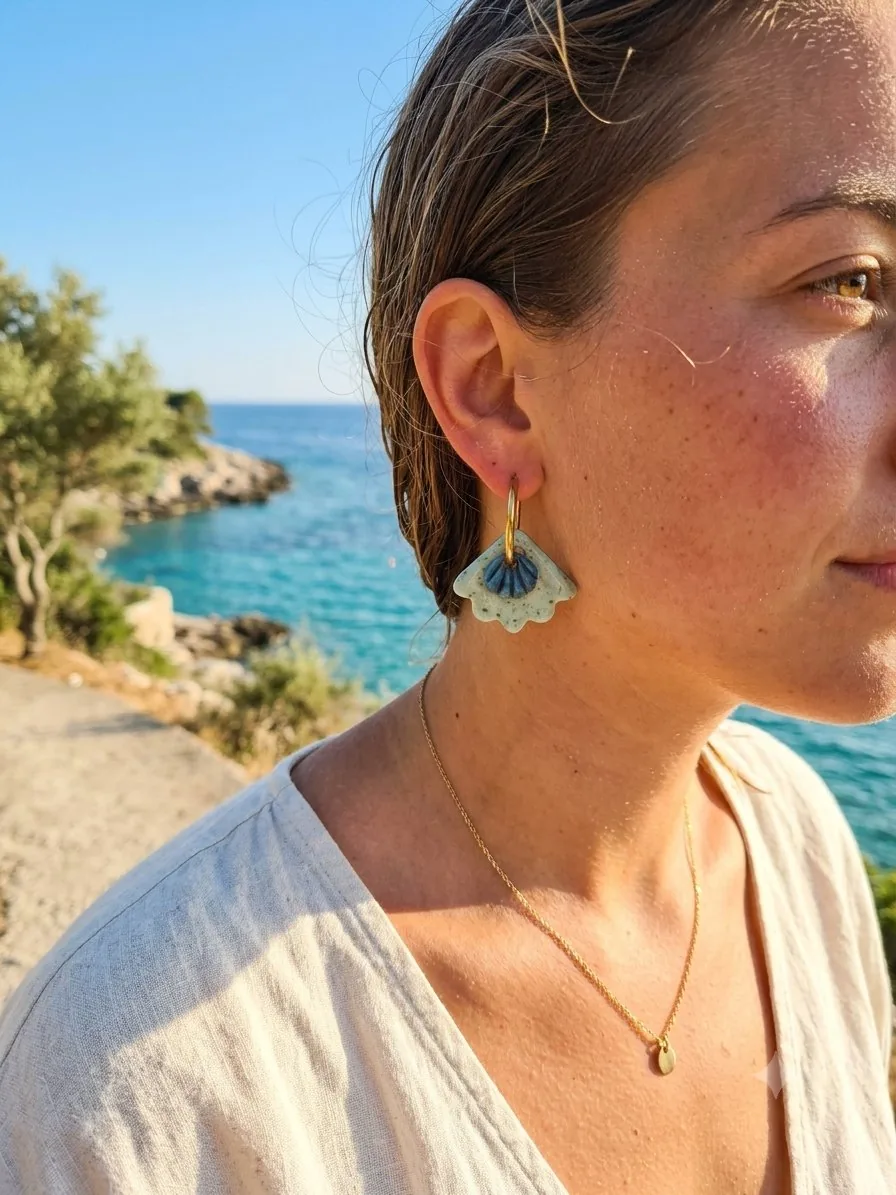 Boucle Laguna – vue 2 – Vert et bleu – Pâte polymère ,acier inoxydable