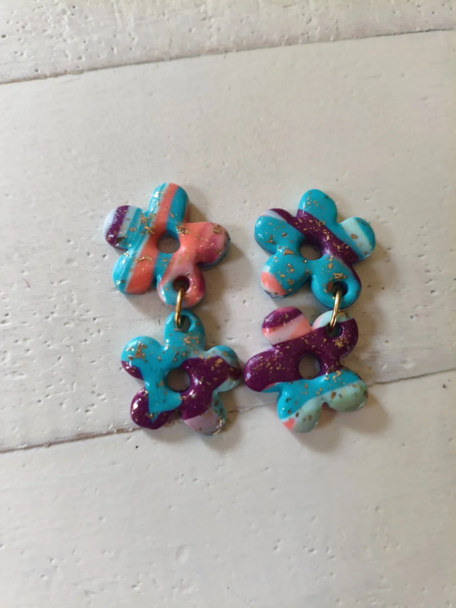 Double eleanore – vue 4 – Turquoise,rose, violet, doré – Pâte polymère