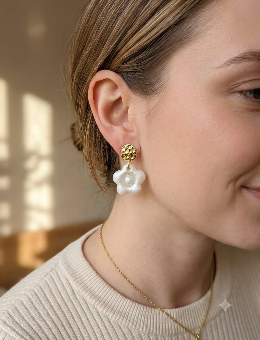 Clous d 'oreille martelé margot nacré  – bijou artisanal fait main