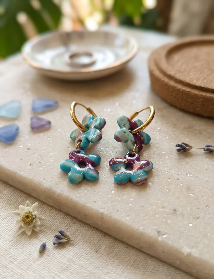 Double eleanore – vue 2 – Turquoise,rose, violet, doré – Pâte polymère