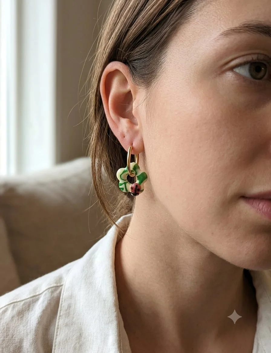 Boucle d'oreille fleur et coccinelle – vue 2 – Vert, crème,rouge – Pâte polymère