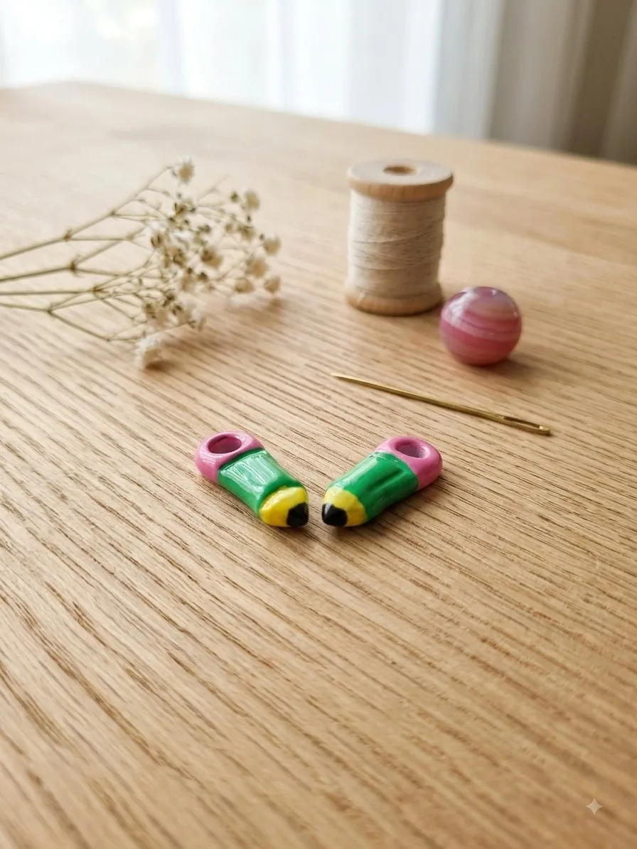 Pampilles crayon de papier – vue 2 – Rose,vert,jaune et noir – Pâte polymère