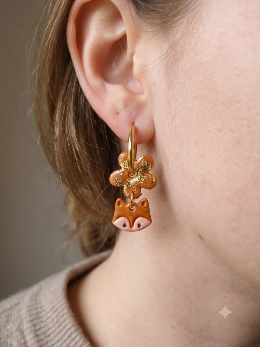 Pampilles duo du renard fleur orangée  – bijou artisanal automne
