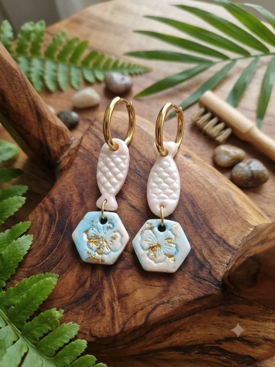 Boucle poisson nacré et son médaillon ibiscus – vue 2 – Blanc nacré bleu turquoise et doré – Pâte polymère ,acier inoxydable
