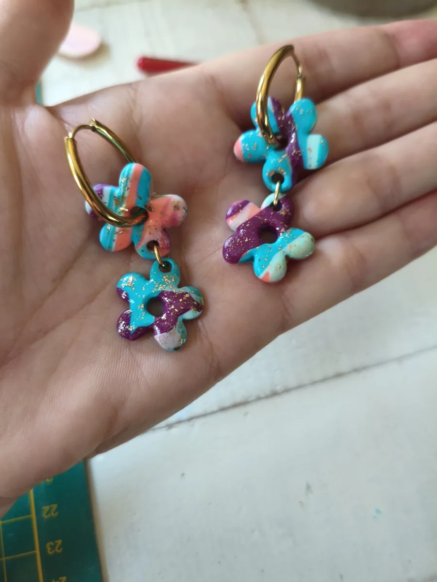 Double eleanore – vue 5 – Turquoise,rose, violet, doré – Pâte polymère